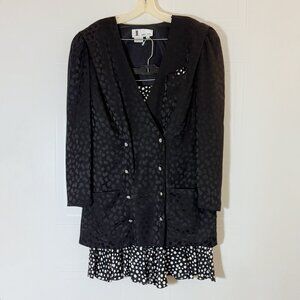 Vtg Junnie Leigh Black Double-Breasted Jacket & Coordinating Skirt Silk Size 12